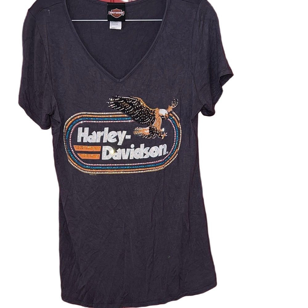 Harley-Davidson Black T-Shirt with Eagle Logo Rhinestones Moto 2022 L